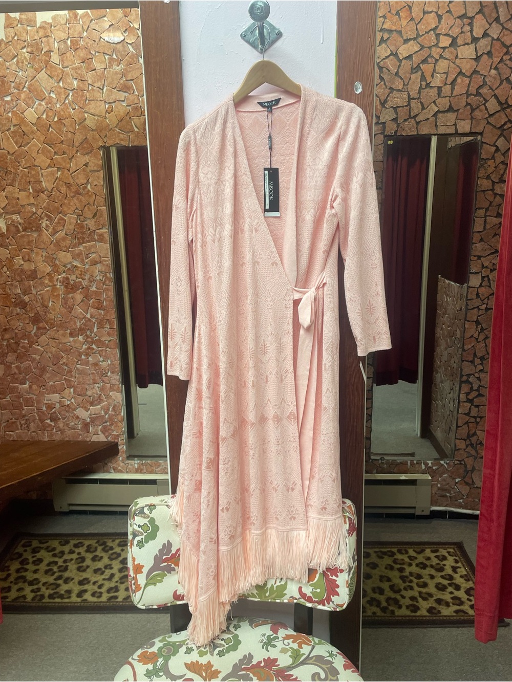 Misook Soft Pink Wrap Robe with Fringe Trim